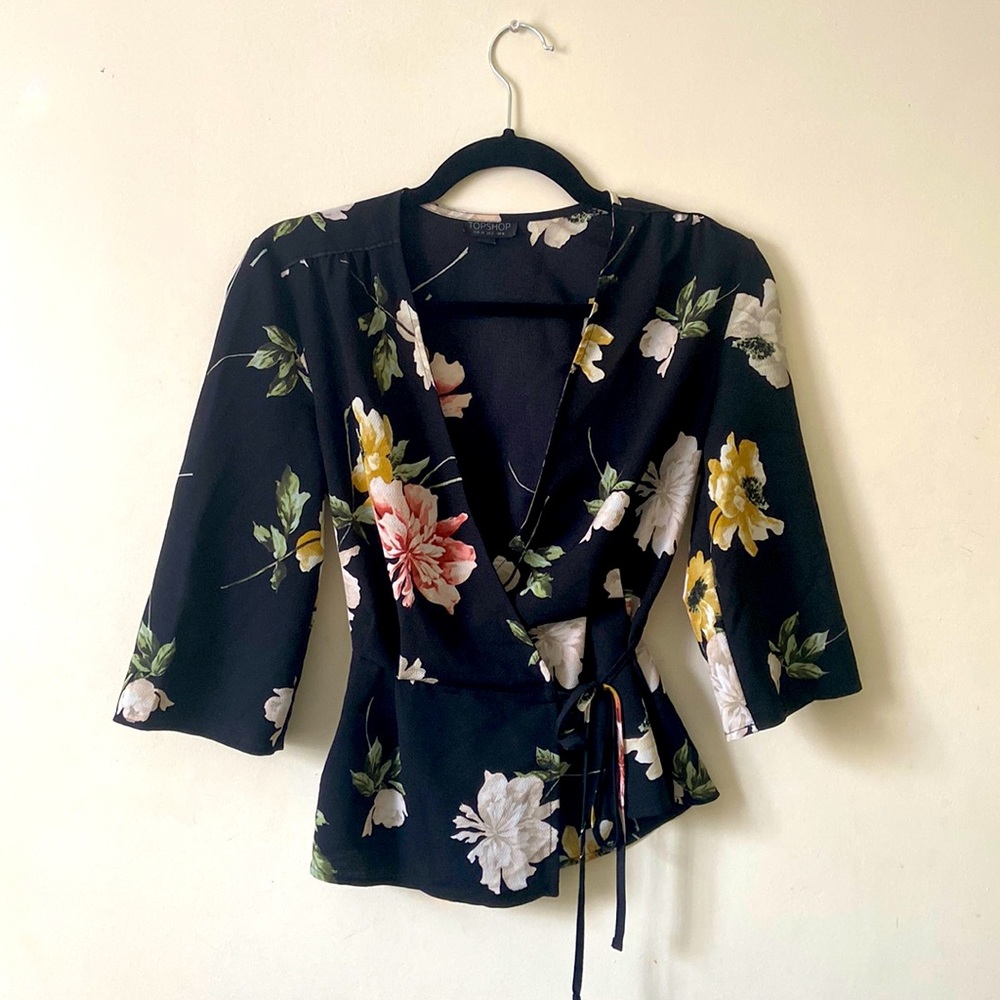 Topshop Floral Kimono Wrap Blouse